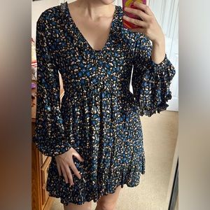 Zara blue floral boho dress long sleeve ruffle size Small
